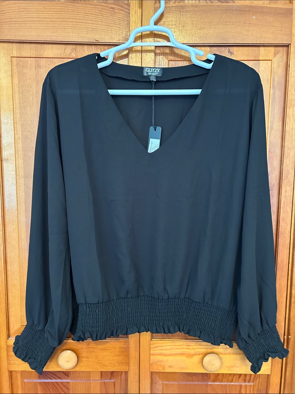 Glitzy Black Semi-Sheer V-Neck Smocked-Hem Long Sleeve Blouse 4X NWT